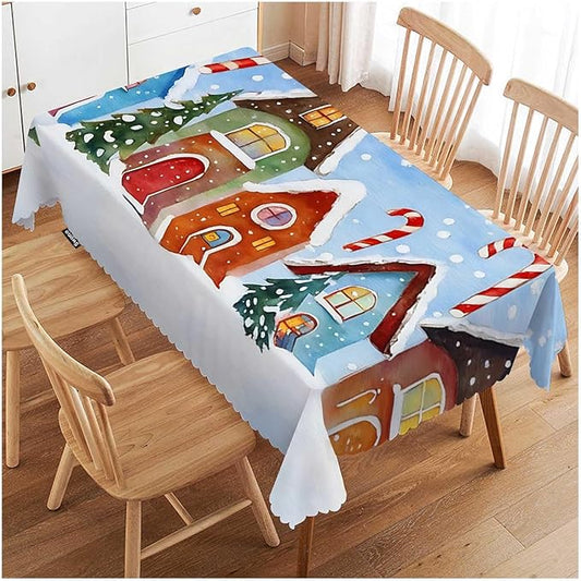 Swono Christmas House Table Cloth Winter Village Snow Xmas Candy Cane Colorful Rectangle Tablecloth Picnic Tablecloth BBQ Table Cloths Polyester for Kitchen 50x72 Inch