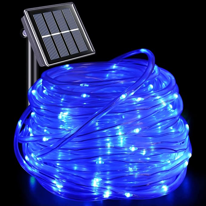 YEGUO Solar Rope Lights Outdoor Waterproof, 66ft 200 LED Blue String Lights, 8 Modes Fairy Lights in Clear Thin Tube