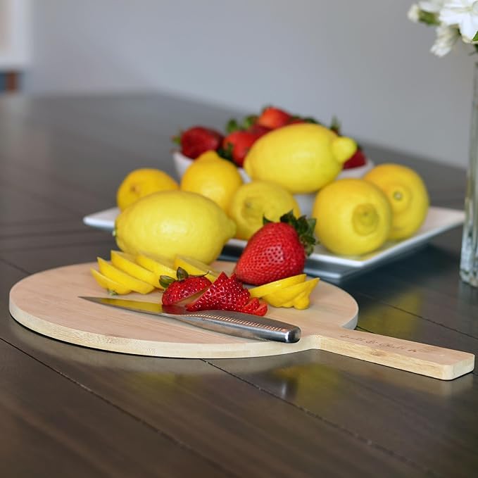 Chill and Grill Cutting Board, Paddle Shaped, Bamboo, Embellished Handle, Usable on Both Sides, Over 1 Foot Long, 14.5 x 10.25 Inches