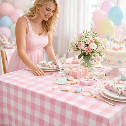 B-COOL Pink Plaid Tablecloth Checkered Fabric Cover 56x120 Inch Table Cloths, Valentines Party Picnic Decorative Gingham Tablecloths, Sturdy Rectangle Pink and White Checkered Cover Decorations