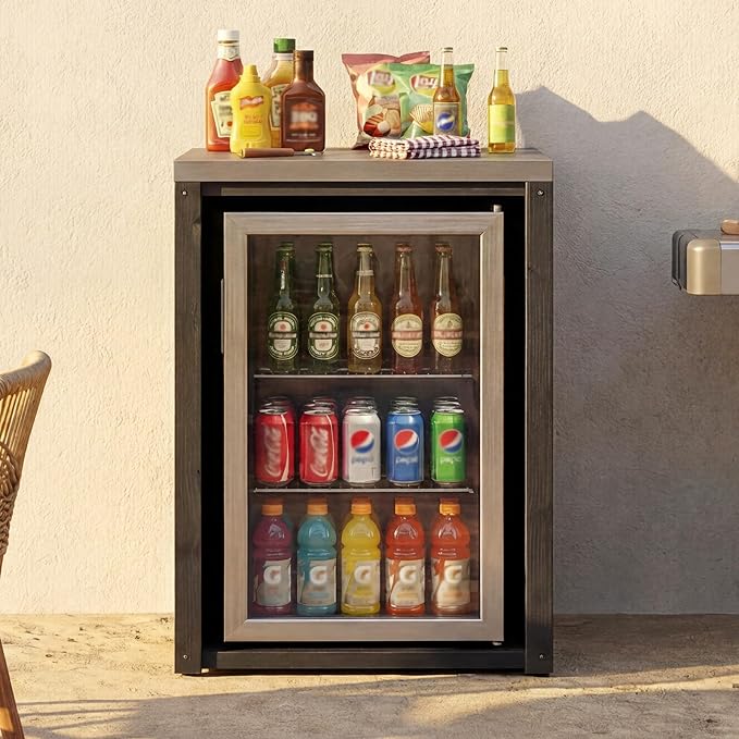 MOUMON Outdoor Mini Fridge Cabinet with Stainless Steel Countertop, 24” Solid Cedar Patio Refrigerator Stand, Dark Grey 27.6”W x 23.6”D x 37.4”H