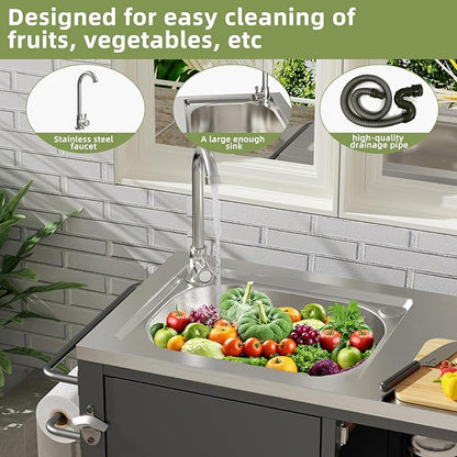 Outdoor Grill Table with Sink, Grill Cart with 304 Stainless Steel Sink and Cabinet, Outdoor Grill Cart,Outdoor Cart Sink Station with Wheels, 38in x 18in x 35in