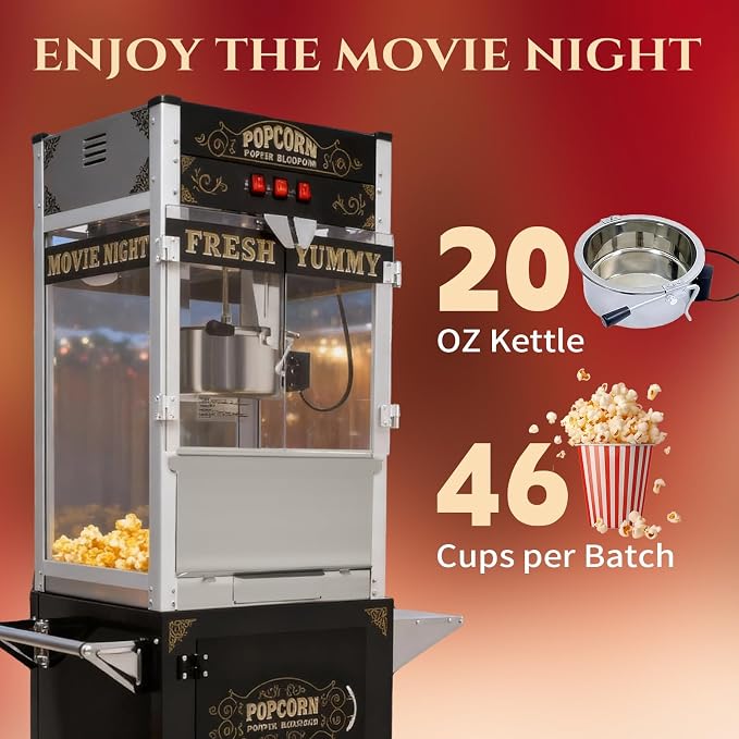 20 Oz Popcorn Machine with Cart, Vintage Movie Theater Style Pop Corn Popper with 16" Bicycle-Style Wheels & a Cabinet for Home Theater, Parties, Events, Black