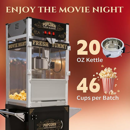 20 Oz Popcorn Machine with Cart, Vintage Movie Theater Style Pop Corn Popper with 16" Bicycle-Style Wheels & a Cabinet for Home Theater, Parties, Events, Black