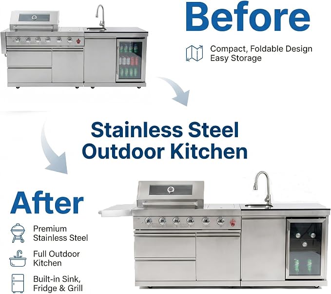 Modular Outdoor Kitchen Island, 6-Burner Gas Grill, 75300 BTU,Silver | 304 Stainless Steel,Garden Outdoor Cooking Backyard, Side Burners Sink,Wine,Cooler,Refrigerator,Rotisserie Kit
