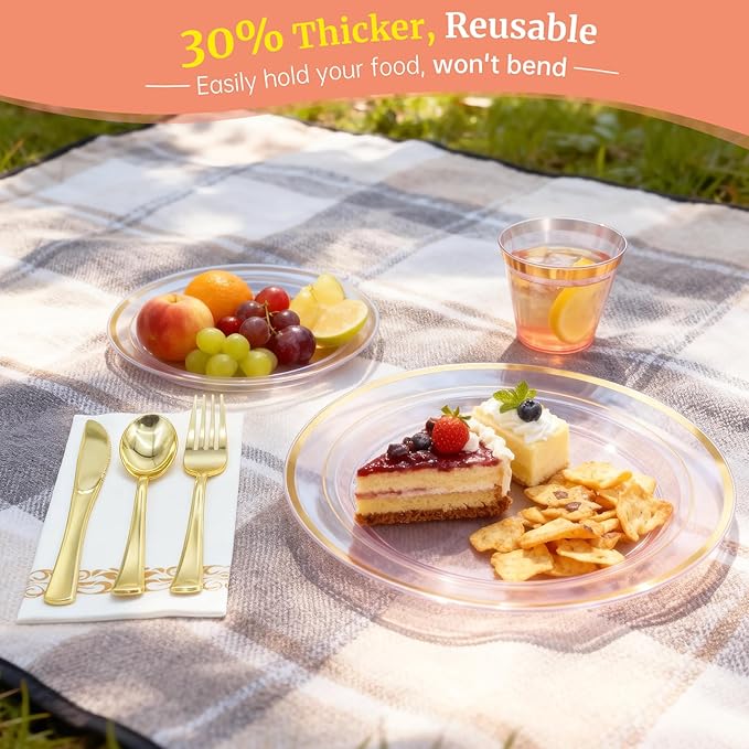 AIRE 175PCS Pink Gold Plastic Plates for Party Dinnerware Sets for 25 Guests, Disposable Plastic Party Supplies Plates, Cups, Spoons, Forks, Knives, Napkins for Wedding Birthday BBQ Christmas Parties