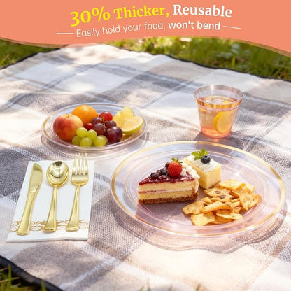 AIRE 175PCS Pink Gold Plastic Plates for Party Dinnerware Sets for 25 Guests, Disposable Plastic Party Supplies Plates, Cups, Spoons, Forks, Knives, Napkins for Wedding Birthday BBQ Christmas Parties