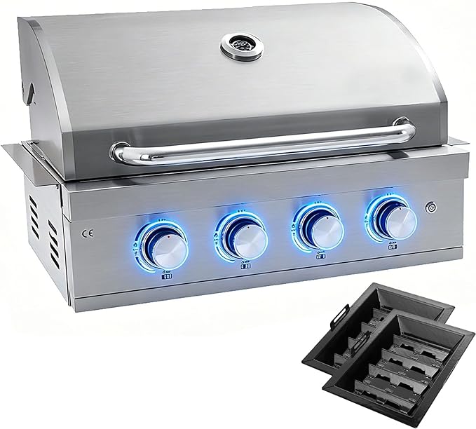 Built-In Gas Grill, 28 in 4 Burner Propane Grill, LP Gas, Charcoal & Natural Gas Convertible, Heavy Duty 304 Stainless Steel 48,400-BTUs for Outdoor Kitchen Island Family Cooking