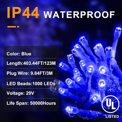 KNONEW 403ft 1000 LED String Lights Outdoor Christmas Light 8 Modes & Timer Fairy Lighting Plug in Waterproof for Xmas Yard Tree Wedding Party Holiday Decorations (Blue)