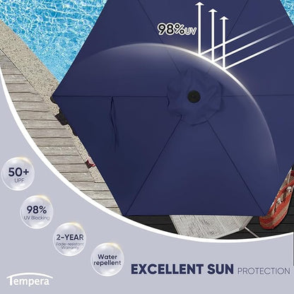 Tempera Patio Market Outdoor Table Umbrella with Push Button Tilt and Crank, Large Sun Umbrella with Sturdy Pole & Fade Resistant Canopy, Easy to Set