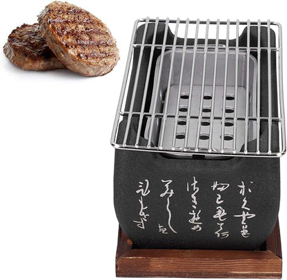 Japanese Charcoal Barbecue Grill, Household Aluminium Alloy Japanese BBQ Grill with Wire Mesh and Wooden Base Portable Barbecue Stove for Outdoor Camping Picnic