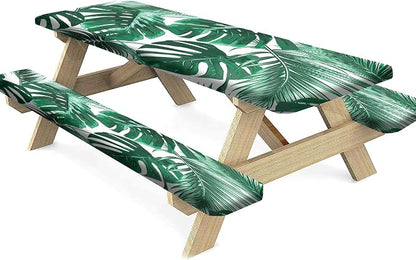 Summer Rectangle Fitted Picnic Table Cover w/ Bench Covers, Tropical Palm Tree Leaves Picnic Table Covers w/ Elastic, 72x28 Inch, 3 pcs Set, Green, for Picnics Indoor and Outdoor Dining Use