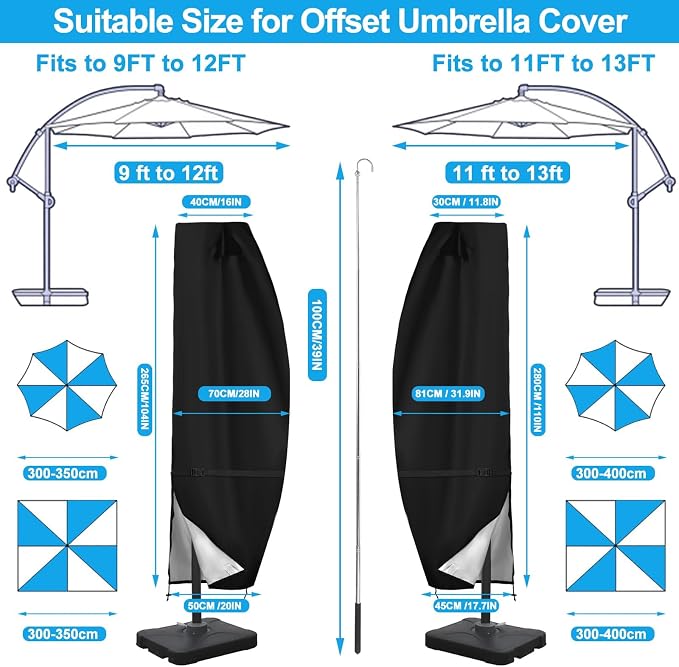 Cantilever Umbrella Covers for Offset 9-12ft 420D Waterproof | 420D Oxford Fabric, Silver Nano Coating, Top Vent, Hem Drawstring, UV Resistant, 9-12FT Offset Umbrellas