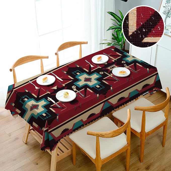 Swono Ethnic Pattern Tablecloth Red Geometric American Navajo Style Rectangle Table Cloth Washable Plaid Table Cover for Kitchen Holiday Dinner, 52x 70 Inch Tablecloth