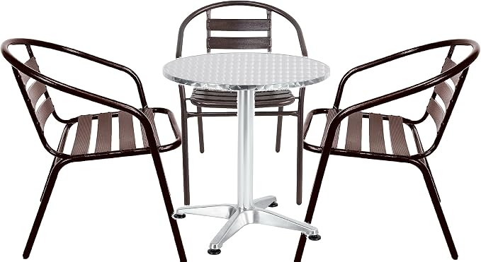 Indoor Outdoor 23.75" Restaurant Stainless Steel Aluminum Metal Slat Stack Commercial Lightweight, 3 Chairs with a Round Table, Silver/Bronze