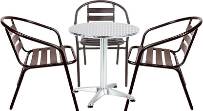 Indoor Outdoor 23.75" Restaurant Stainless Steel Aluminum Metal Slat Stack Commercial Lightweight, 3 Chairs with a Round Table, Silver/Bronze