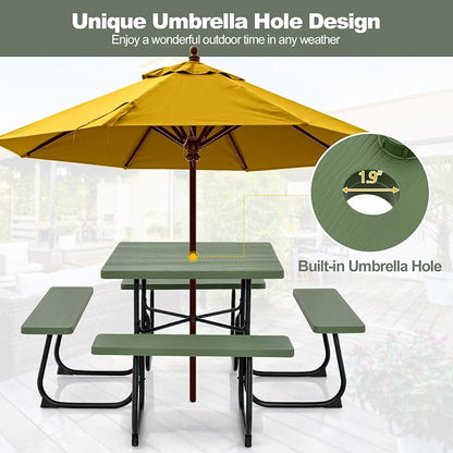 Tangkula 8 Person Picnic Table, Outdoor Square Picnic Table with 4 Built-in Benches, Umbrella Hole, Metal Frame & HDPE Tabletop, Outside Table and Bench Set for Backyard, 2300lbs Weight Capacity