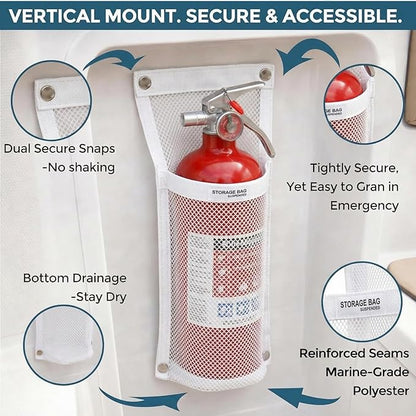 Marine Mesh Single Pocket Boat Gear Storage Bag, Black Fabric Marine Fire Extinguisher Holder, Screw Snap Mount (White, Medium)