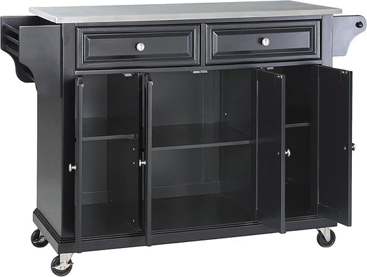 Crosley Furniture Full Size Stainless Steel Rolling Kitchen Island Storage Cart, Microwave Stand, Spice Rack, Black