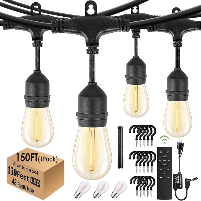 1Pack 150ft Outdoor String Lights with Remote Patio Lights 45+3 Bulbs | String lights for outside, 3 Lighting Modes&Dimmable&Timer