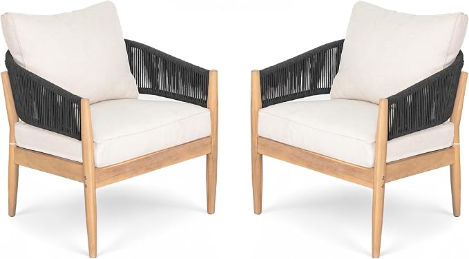 Christopher Knight Home Naomi Set of 2 Patio Acacia Wood Club Chair with Cushions, Handwoven Rope Lounge Chair Outdoor for Porch/Backyard, Stylish Garden Seating with Curved Backrest, Beige + Black
