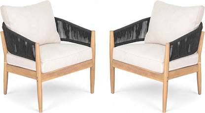 Christopher Knight Home Naomi Set of 2 Patio Acacia Wood Club Chair with Cushions, Handwoven Rope Lounge Chair Outdoor for Porch/Backyard, Stylish Garden Seating with Curved Backrest, Beige + Black