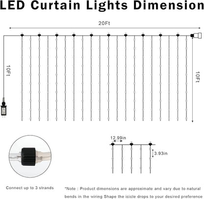 echosari 20Ft x 10Ft Large Curtain Lights Plug in Warm White & Multicolor | 600 LED Dual Color Changing Outdoor Curtain Lights Waterproof Connectable with Remote for Wedding Backdrop Yard Decor
