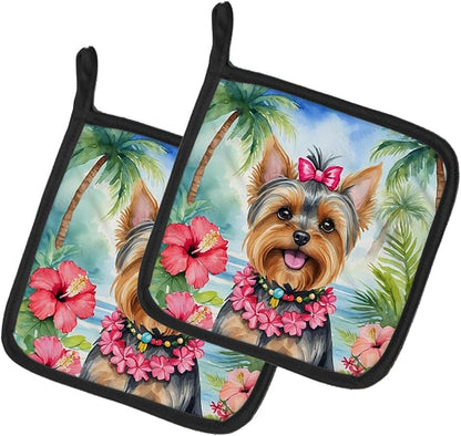 Caroline's Treasures Yorkshire Terrier Luau Pair of Pot Holders Kitchen Heat Resistant Pot Holders Sets Oven Hot Pads for Cooking Baking BBQ, 7 1/2 x 7 1/2