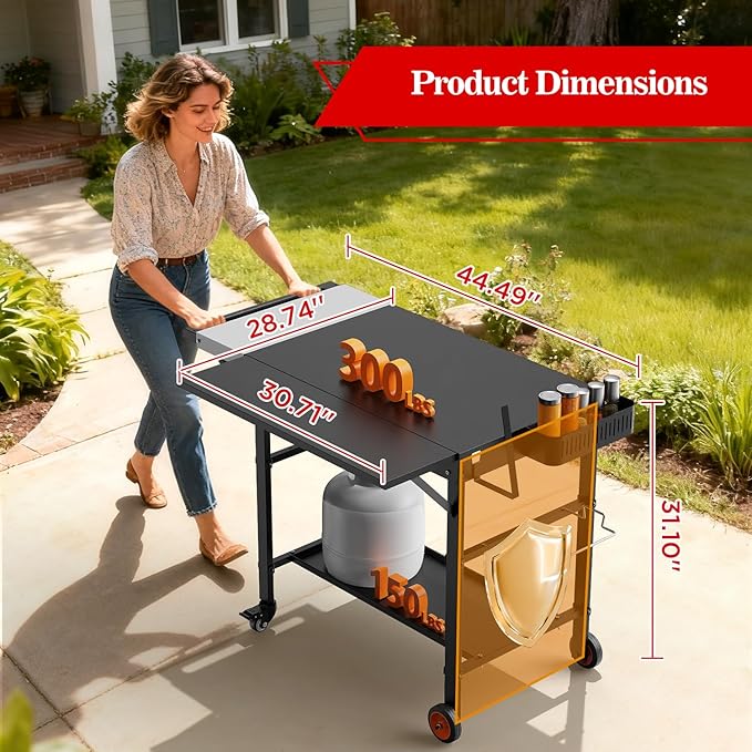Grill Table for Pizza Ovens, Ninja Pizza Oven Table with Extendable Desk, Durable Outdoor Grill Cart Stand with Food Prep Topping Station for Patio, Backyard,43" L × 27" W