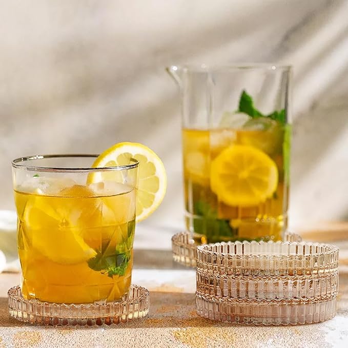 Modern Clear Glass Coaster Set of 8- Coffee Table Coasters, Crystal Coaster, Round Cup Mats, Coasters for Office, Kitchen, Bar, Dining Room, Living Room, Patio(Amber)