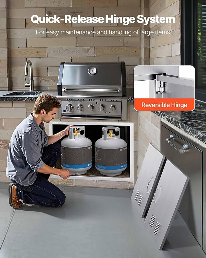 VEVOR BBQ Access Door, 30W x 21H Inch Double Outdoor Kitchen, Stainless Steel Flush Mount, Wall Vertical With Handles and Vents, for BBQ Island, Grilling Station, Outside Cabinet