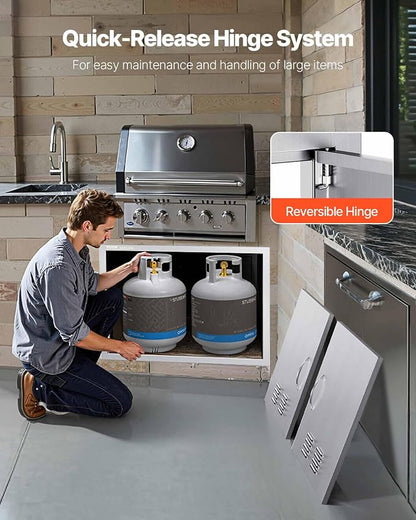 VEVOR BBQ Access Door, 30W x 21H Inch Double Outdoor Kitchen, Stainless Steel Flush Mount, Wall Vertical With Handles and Vents, for BBQ Island, Grilling Station, Outside Cabinet