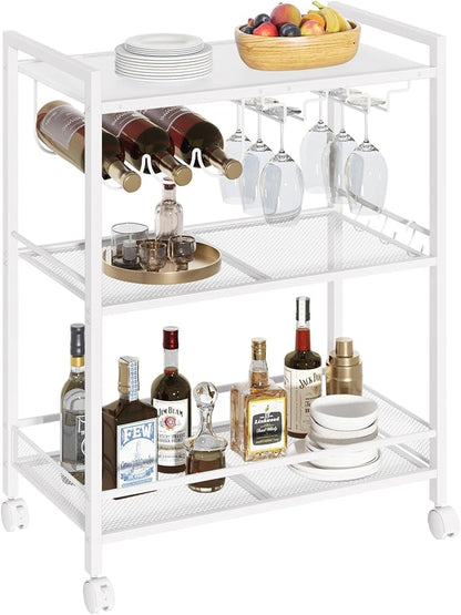 Joaxswe Bar Cart,3-Tier Home Bar Serving Cart with Lockable Wheels,White | Microwave Cart,Mobile Kitchen Shelf,Rolling Beverage Cart with Wine Rack and Glass Holder for Kitchen,Dinning Room