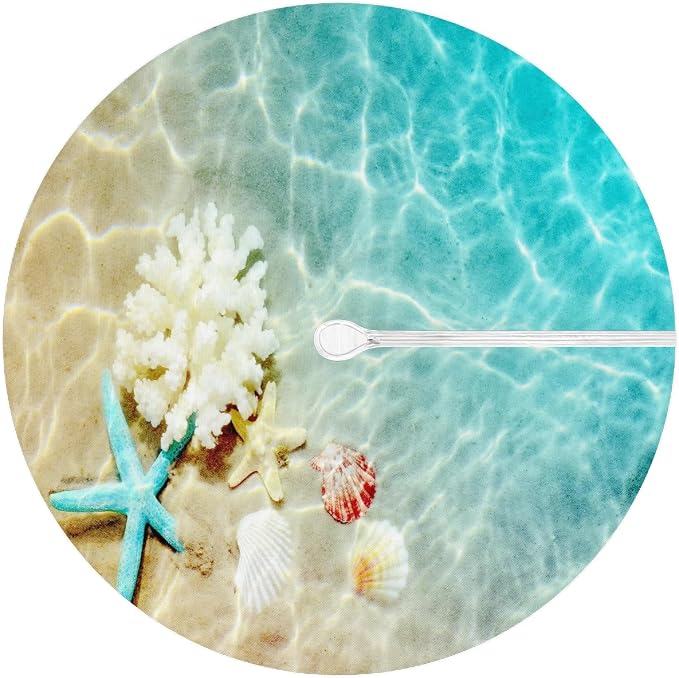 Fitted Round Tablecloth with Umbrella Hole and Zipper Starfish Coral Seashell Outdoor Elastic Table Cloth 36"-44" Oil-Proof Waterproof Summer Beach Patio Table Cover for Picnic Party