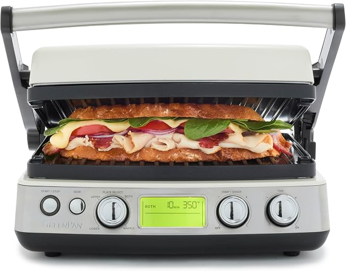 GreenPan Elite 7-in-1 Multi-Function Contact Grill & Griddle, Healthy Ceramic Nonstick Reversible Plates, Adjustable Shade & Shear, Closed Press/Open Flat Surface, PFAS-Free, Cream White
