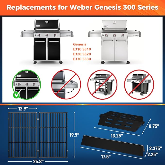 Grill Parts for Weber Genesis 300 Series with Front-Mounted Control, Fits Weber Genesis E310 E320 E330 Series Grill, 19.5" Grill Grates 7524 + 17.5” Flavorizer Bars 7621 + Heat Deflector 7622