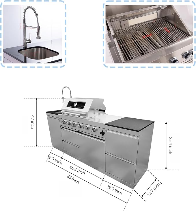 85" Modular Outdoor Kitchen Island with Grill and Side Burner, 4-Burner 72,000 BTU Propane BBQ Island, Sink & Two-Drawer Prep Station, for Backyard and Patio Cooking, Silver