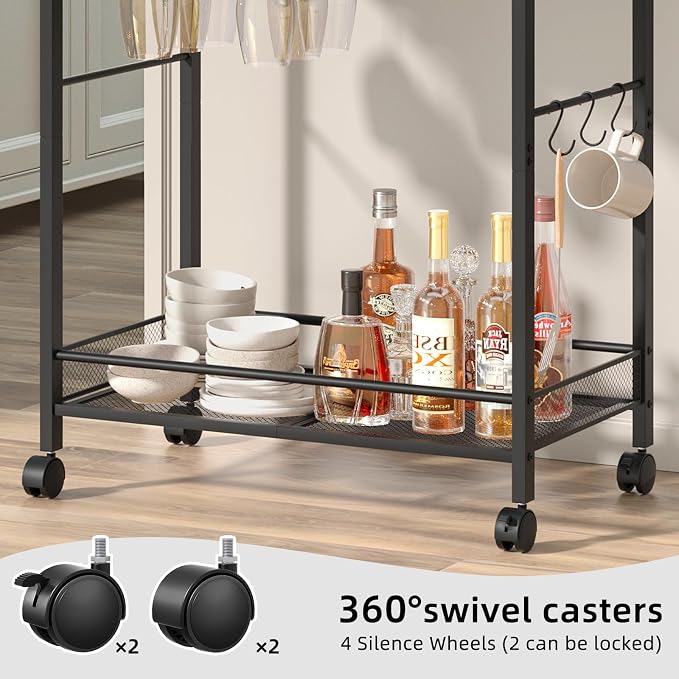 Joaxswe Bar Cart, Home Bar Serving Cart with 2-Tier Shelf,Rolling Beverage Cart with Wheels,Mobile Kitchen Shelf,Modern Black Wine Drink Cart with Wine Rack and Glass Holder for Kitchen,Dinning Room