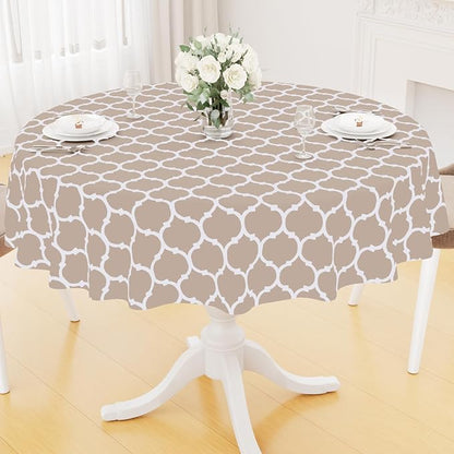 Smiry Round Plastic Table Cloth, Waterproof Vinyl Tablecloth with Flannel Backing for Round Tables, Wipeable & Spillproof for Dining, Camping, Indoor and Outdoor (60" Round, Khaki)
