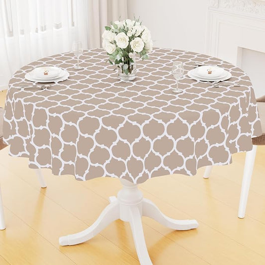 Smiry 2 Pack Round Plastic Table Cloth, Wipeable Spillproof Vinyl Tablecloths with Flannel Backing for Round Tables, Waterproof Plastic Tablecloth for Dining, Camping, and Indoor (60" Round, Khaki)