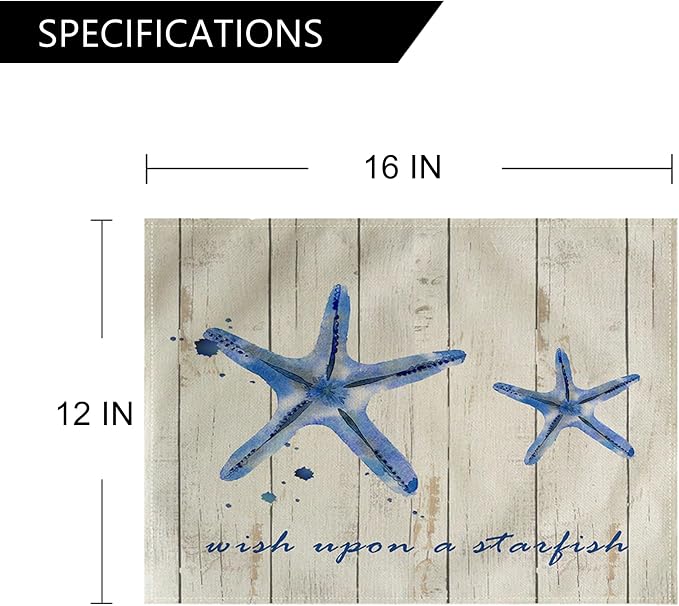 4Pack Vintage Sea Placemats Wood Grain Starfish Hippocampus Seashells Ocean Theme Table Mats Waterproof Heat Resistant Washable Non-Slip Place Mats for Dinner Room Kitchen Decor Table 12”×16”