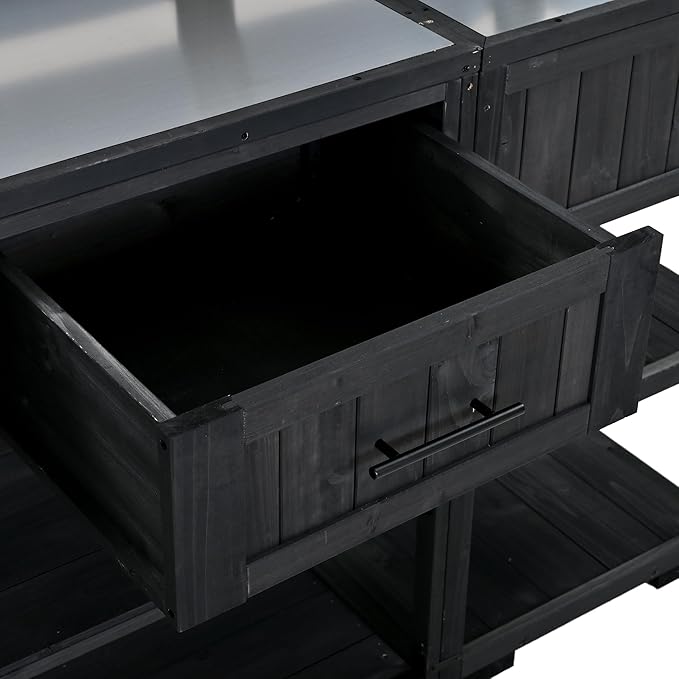 GDFStudio Elshire Patio Kitchen Island Cart with Storage, Wooden Outdoor Storage Cabinet with Stainless Steel BBQ Prep Table Top, Drawers, Raised Shelf and Lockable Wheels, Garden Potting Bench, Black