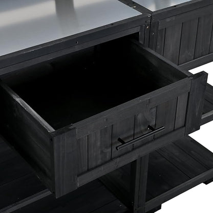 GDFStudio Elshire Patio Kitchen Island Cart with Storage, Wooden Outdoor Storage Cabinet with Stainless Steel BBQ Prep Table Top, Drawers, Raised Shelf and Lockable Wheels, Garden Potting Bench, Black