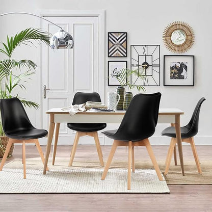 OLIXIS Modern Dining Chairs Set of 4, Plastic Kitchen Chairs with Wood Legs and Backrest, Lightweight Side Chair for Bedroom, Living Room, Apartment, Black