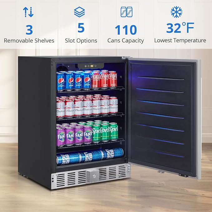 Garvee Beverage Refrigerator 24 in, Weather Proof Stainless Steel Beverage Fridge for Outdoor Kitchen and Patio, Indoor/Outdoor Beverage Cooler for 180 Cans, Built-in/Freestanding