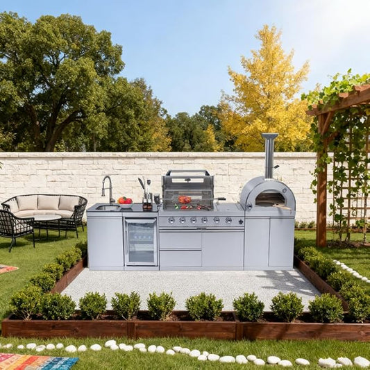 112-Inch 108000 BTU Stainless Steel Propane Gas BBQ Grill Modular Outdoor Kitchen Island,485Sq.In Cooking Area,with Standalone Side Burner Pizza Oven,Rotisserie,Refrigerator,Silver