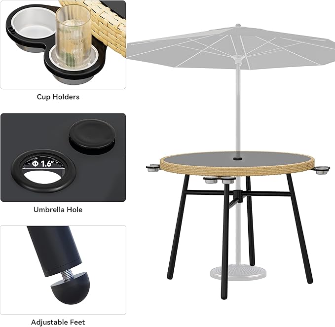 YITAHOME Outdoor Dining Set with Umbralle Hole, 5pcs Rattan Patio Dining Set for 4 with Cup Holders Soft Cushions and Glass Top Dining Table for Patio, Backyard, Garden, Bacony, Light Brown & Black