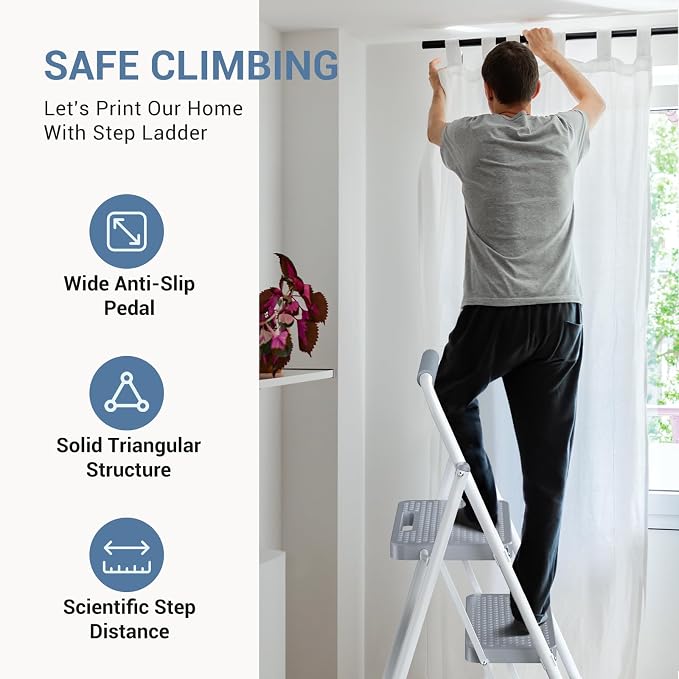DUMOS 2 Step Ladder, Sturdy Step Stool with Anti-Slip Pedal & Comfortable Handrail, Portable Heavy Duty Stool for Kitchen, Garage & Outdoor, 800lbs, Grey