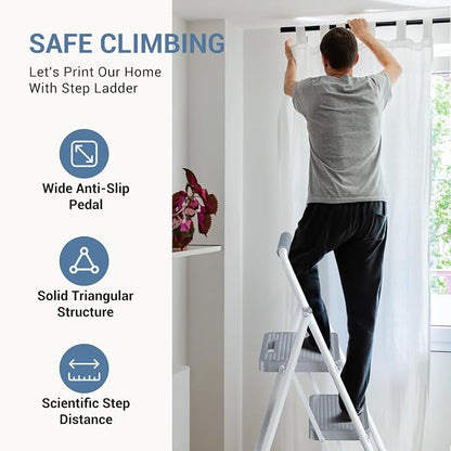 DUMOS 2 Step Ladder, Sturdy Step Stool with Anti-Slip Pedal & Comfortable Handrail, Portable Heavy Duty Stool for Kitchen, Garage & Outdoor, 800lbs, Grey