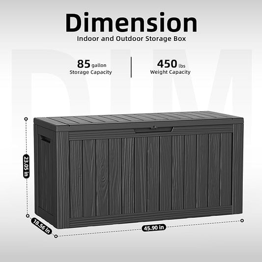 85 Gallon Outdoor Storage Box Waterproof Resin Lockable outdoor Deck Box with Lid, Large Capacity Storage Container for Patio Furniture, Side Table and Cushions(Black, 85 Gallon)